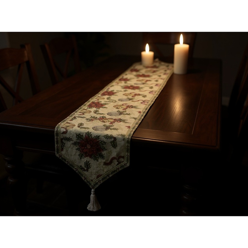 Vintage Tapestry Christmas Table Runner Poinsettia Bells Holly Tassels Cottage